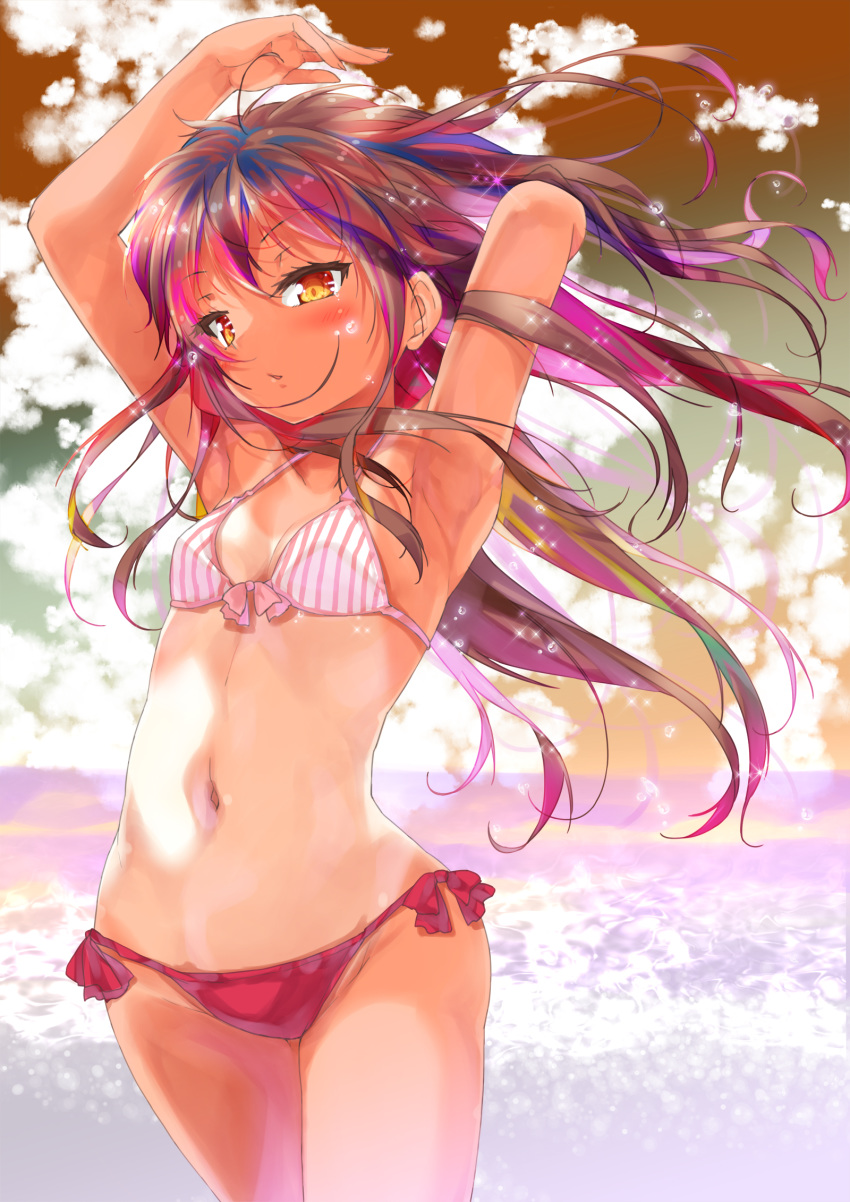 armpits arms_up bare_arms bare_shoulders bikini blush bow_bikini breasts brown_eyes brown_hair cafe-chan_to_break_time cafe_(cafe-chan_to_break_time) cloud cloudy_sky collarbone commentary_request fingernails groin highres horizon long_hair looking_at_viewer mismatched_bikini navel ocean outdoors parted_lips porurin red_bikini_bottom side-tie_bikini sky small_breasts solo sparkle striped striped_bikini_top swimsuit tan vertical-striped_bikini_top vertical_stripes very_long_hair water water_drop