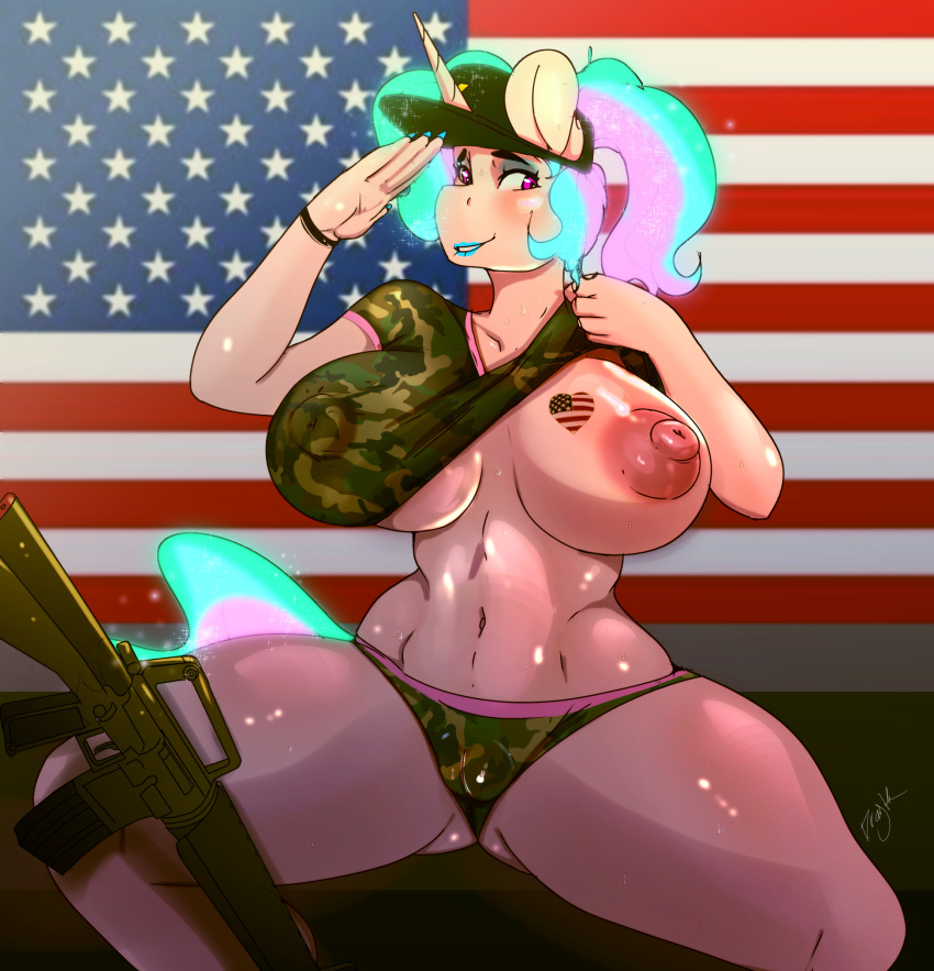 2018 4th_of_july anthro areola blush breasts camel_toe clothing digital_media_(artwork) dragk equine female friendship_is_magic hair hi_res horn lipstick looking_at_viewer makeup mammal multicolored_hair my_little_pony navel nipple_bulge nipples princess_celestia_(mlp) ranged_weapon salute solo stars_and_stripes thick_thighs unicorn united_states_of_america voluptuous weapon