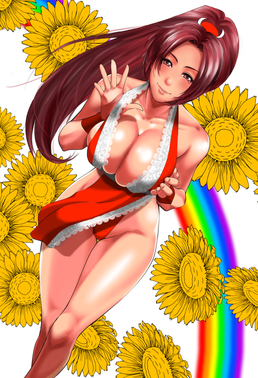 1girl bare_shoulders breasts brown_eyes brown_hair cleavage fatal_fury large_breasts long_hair looking_at_viewer ponytail rainbow shiranui_mai smile solo sunflower