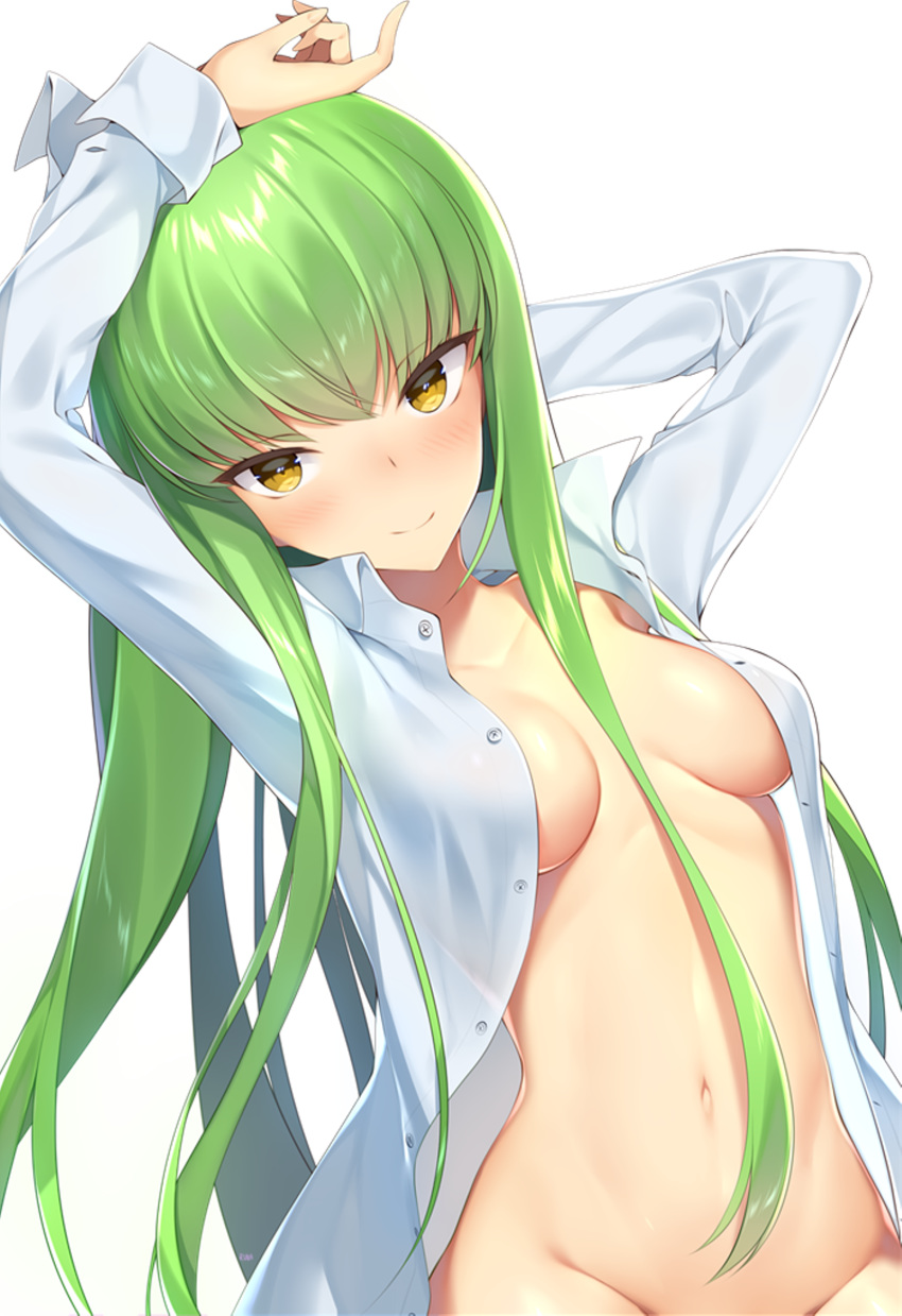 arms_up bangs bare_chest blush breasts c.c. code_geass collarbone collared_shirt green_hair highres long_hair long_sleeves looking_at_viewer medium_breasts navel runastark shirt smile stomach unbuttoned unbuttoned_shirt upper_body white_shirt yellow_eyes