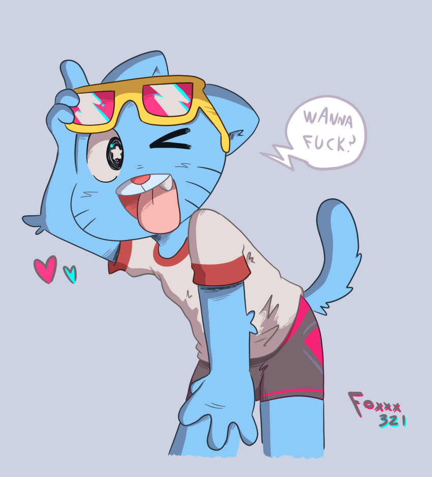 &lt;3 anthro blue_fur cartoon_network cat child clothing cub dirty_talk english_text eyewear feline foxxx321 fur gumball_watterson invalid_tag male mammal open_mouth profanity shirt shorts simple_background solo standing sunglasses t-shirt text the_amazing_world_of_gumball tongue tongue_out whiskers young