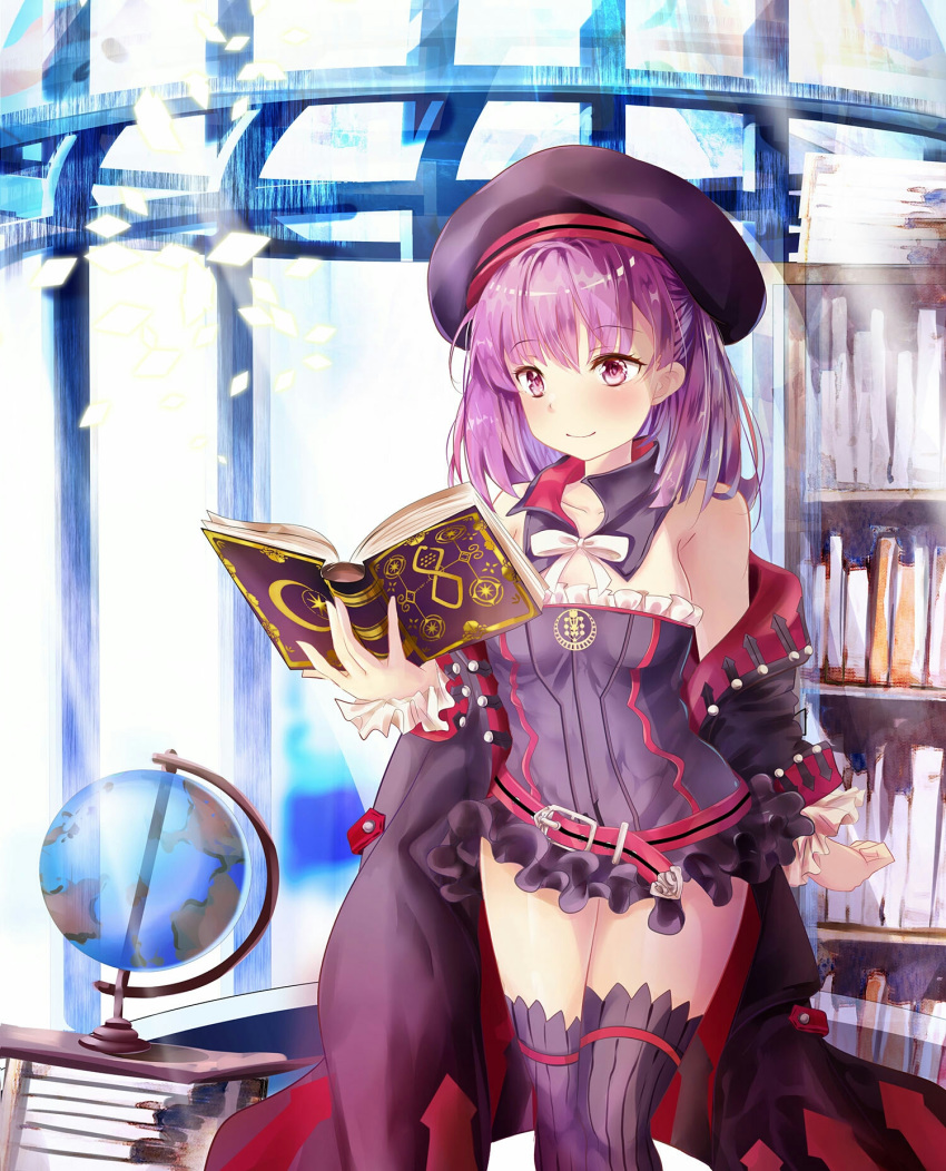bangs belt belt_buckle beret black_coat black_collar black_dress black_hat black_legwear blush book bookshelf bow breasts buckle closed_mouth collarbone commentary crescent detached_collar directional_arrow dress eyebrows_visible_through_hair fate/grand_order fate_(series) globe hair_between_eyes hat helena_blavatsky_(fate/grand_order) highres holding holding_book indoors long_hair long_sleeves looking_away looking_down mutang off_shoulder open_book purple_eyes purple_hair red_belt ribbed_legwear small_breasts smile solo strapless strapless_dress thighhighs transparent tree_of_life white_bow