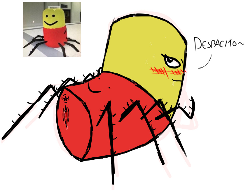 2018 anus arachnid arthropod black_eyes blush despacito despacito_spider dialogue digital_media_(artwork) female giratina_(artist) meme multi_limb pussy pussy_juice red_skin roblox simple_background smile solo spanish_text spider sweat text video_games what where_is_your_god_now white_background why yellow_skin