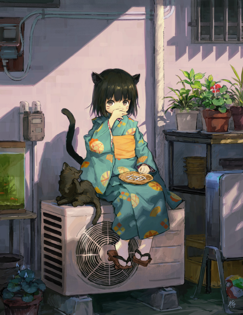 air_conditioner animal animal_ears ball bangs black_cat black_hair brown_eyes cat cat_ears cat_tail covering_mouth eating fish_tank foot_dangle full_body geta highres japanese_clothes kimono long_sleeves looking_at_viewer obi original outdoors paper_balloon plant plate potted_plant sash sho_(sho_lwlw) short_hair signature sitting sitting_on_object solo sunlight tabi tail temari_ball whisker_markings wide_sleeves yukata