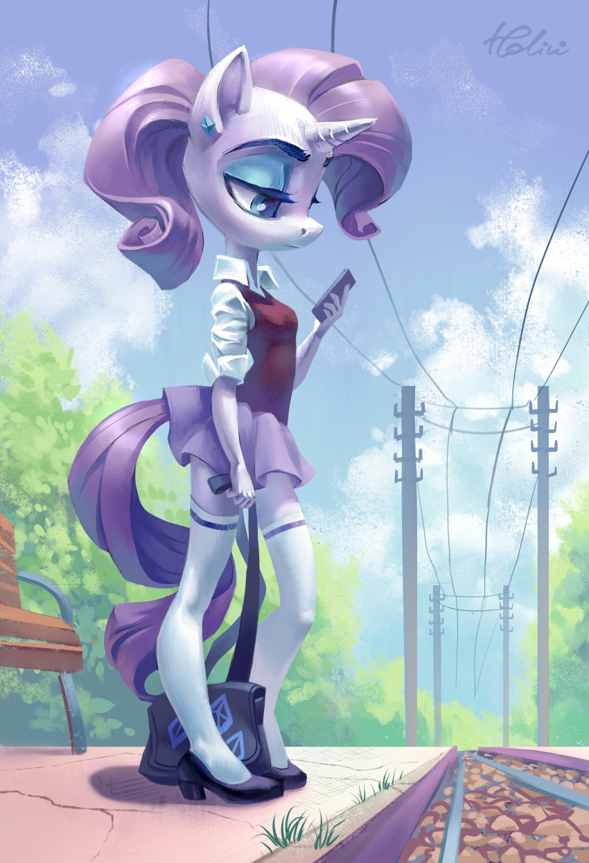 2018 absurd_res anthro bench clothed clothing cloud equine eyeshadow female footwear friendship_is_magic group hair half-closed_eyes hi_res holding_object holivi horn legwear makeup mammal my_little_pony outside rarity_(mlp) solo standing unicorn