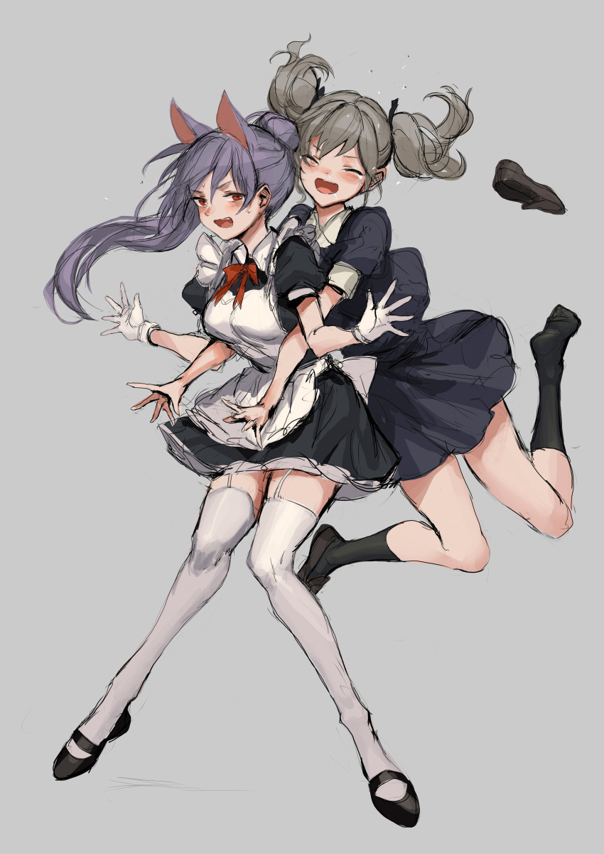 absurdres animal_ears bare_legs blush borrowed_character breasts closed_eyes commentary_request dress garter_straps gloves grey_hair hair_between_eyes hair_tie happy highres hug hug_from_behind jumping lavender_hair legs lm7_(op-center) long_hair maid multiple_girls open_eyes open_hands open_mouth original ponytail ribbon shoe_removed shoes simple_background skirt smile thighhighs twintails