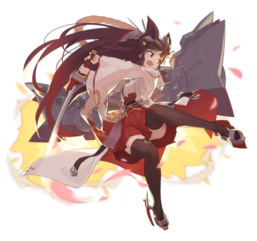 animal_ears arms_up azur_lane black_hair black_legwear brown_eyes commentary_request explosion fang fox_ears highres holding isu_(is15u) japanese_clothes long_hair miko miniskirt nagato_(azur_lane) nagato_(azur_lane)_(old_design) open_mouth panties panty_peek red_skirt shirt shoes skirt solo sword thighhighs underwear very_long_hair weapon white_panties white_shirt