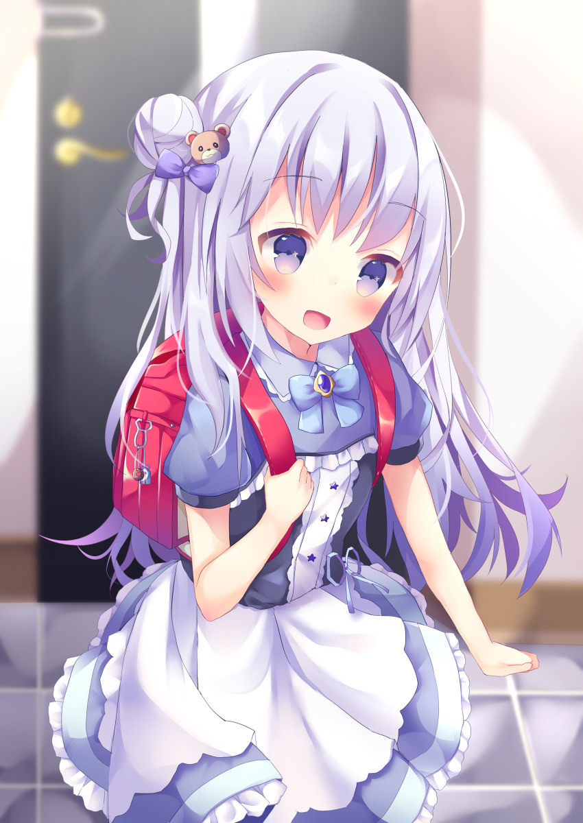 :d absurdres apron backpack bag bangs bear_hair_ornament blue_ribbon blurry blurry_background blush bow commentary_request depth_of_field door eyebrows_visible_through_hair hair_bow hair_bun hair_ornament hand_up head_tilt highres holding indoors long_hair looking_at_viewer open_mouth original puffy_short_sleeves puffy_sleeves purple_bow purple_eyes purple_hair purple_shirt purple_skirt randoseru ribbon shirt short_sleeves side_bun skirt smile solo standing star tile_floor tiles tsuruse very_long_hair waist_apron white_apron