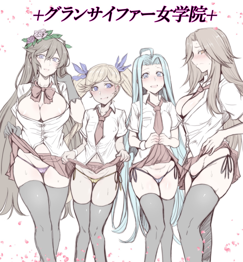 absurdres ahoge alternate_costume ass_visible_through_thighs black_legwear blonde_hair blue_eyes blue_hair blush breasts brown_hair bursting_breasts cameltoe commentary_request contemporary cowboy_shot dark_skin embarrassed eyebrows_visible_through_hair flower gggg granblue_fantasy hair_between_eyes hair_flower hair_ornament height_difference highres io_euclase katalina_aryze large_breasts lifted_by_self long_hair looking_at_viewer lyria_(granblue_fantasy) miniskirt multicolored_hair multiple_girls open_mouth panties partially_unbuttoned pleated_skirt purple_eyes rosetta_(granblue_fantasy) side-tie_panties sketch skindentation skirt skirt_lift standing thighhighs translation_request twintails underwear white_panties