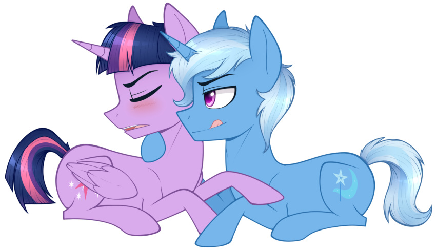 blush duo equine friendship_is_magic hair higglytownhero horn licking licking_lips male mammal my_little_pony purple_eyes tongue tongue_out trixie_(mlp) twilight_sparkle_(mlp) unicorn winged_unicorn wings