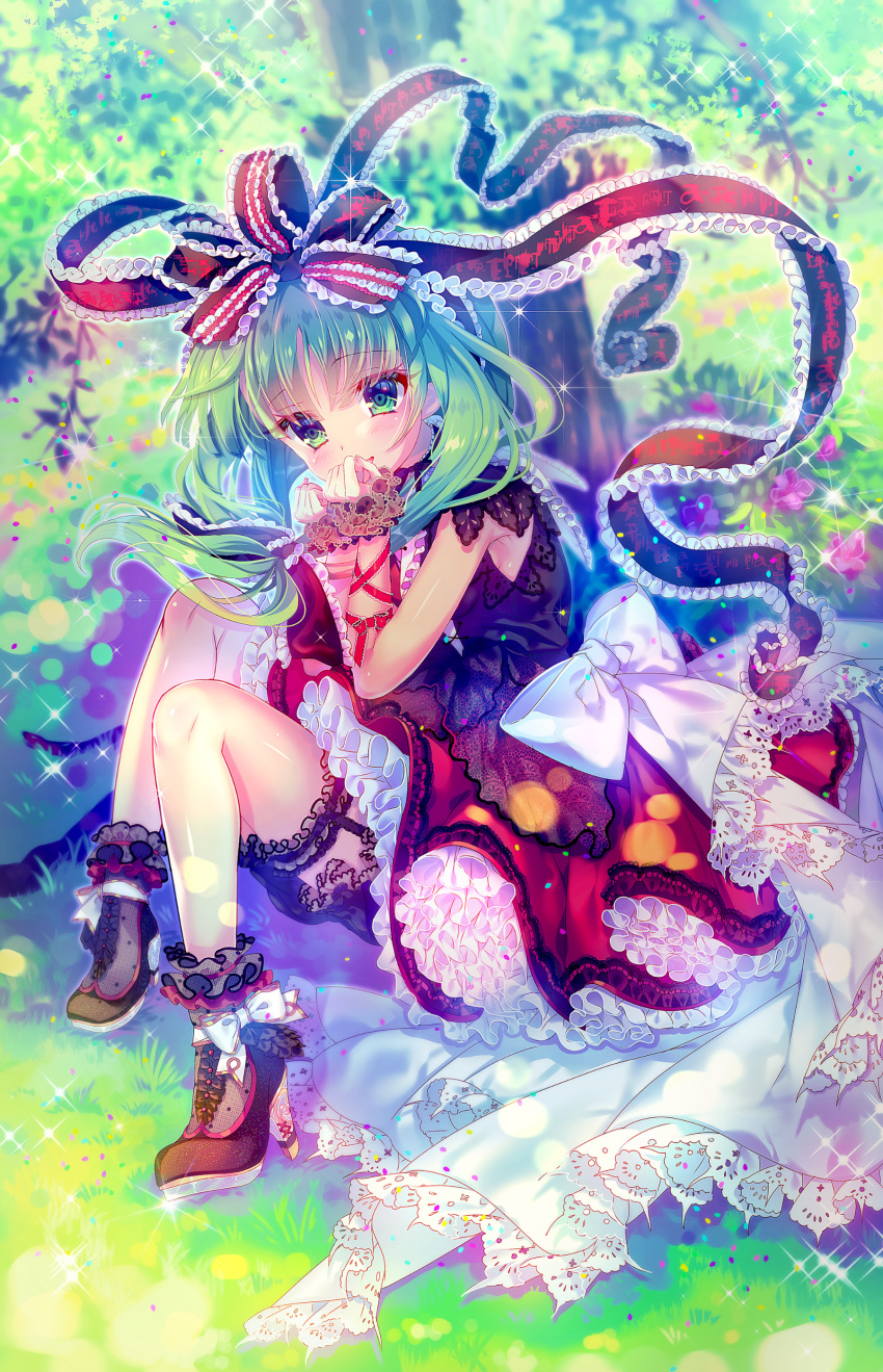 absurdres amo aqua_eyes aqua_hair bangs bow clenched_hands commentary_request day eyebrows_visible_through_hair flower frilled_ribbon frills front_ponytail garter_straps hair_ribbon hand_to_own_mouth high_heels highres kagiyama_hina knees_up lace lace-trimmed_ribbon lace_trim leg_garter lolita_fashion long_hair outdoors petticoat ribbon scrunchie sitting solo sparkle touhou tree white_bow wrist_ribbon wrist_scrunchie
