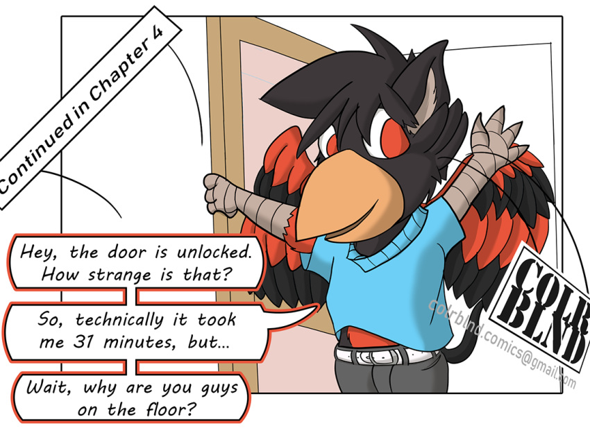 avian chibi clothing colrblnd_(artist) comic days_felter duzt_(artist) english_text feathers gryphon humor measureup red_feathers text