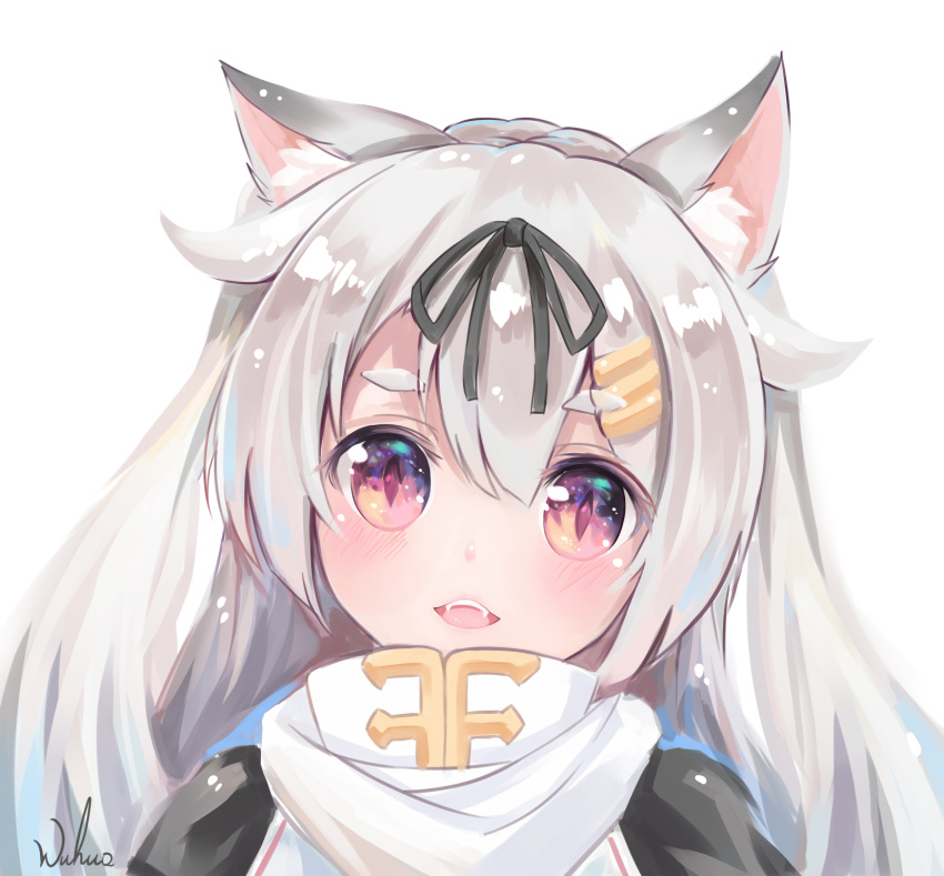 animal_ears azur_lane blush chinese_commentary commentary_request cosplay dog_ears face fangs hair_flaps hair_ornament hair_ribbon hairclip highres kantai_collection looking_at_viewer namesake red_eyes remodel_(kantai_collection) ribbon silver_hair simple_background slit_pupils solo white_background wuhuo yuudachi_(azur_lane) yuudachi_(kantai_collection) yuudachi_(kantai_collection)_(cosplay)