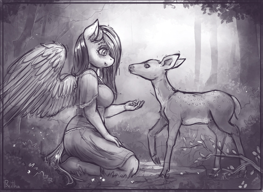 2018 ambiguous_gender anthro anthrofied bantha breasts cervine clothed clothing duo equine feathered_wings feathers female feral fluttershy_(mlp) friendship_is_magic fully_clothed hair hi_res long_hair mammal my_little_pony outside pegasus wings