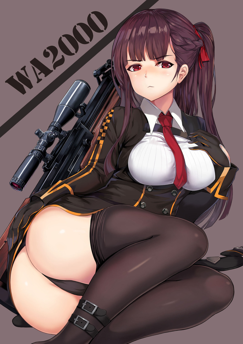 :&lt; ankle_strap ass bad_anatomy bangs beluga_dolphin black_legwear black_panties blazer blush braid breasts brown_hair bullpup character_name eyebrows_visible_through_hair framed_breasts french_braid girls_frontline gloves gun hair_ribbon half_updo hand_on_ass hand_on_own_chest head_tilt highres jacket large_breasts long_hair looking_at_viewer lying necktie on_side one_side_up panties pantyhose pantyhose_pull pelvic_curtain purple_background purple_hair red_eyes red_neckwear red_ribbon revision ribbon rifle shirt sidelocks simple_background skirt sniper_rifle solo thighband_pantyhose thighs underwear very_long_hair wa2000_(girls_frontline) walther walther_wa_2000 weapon
