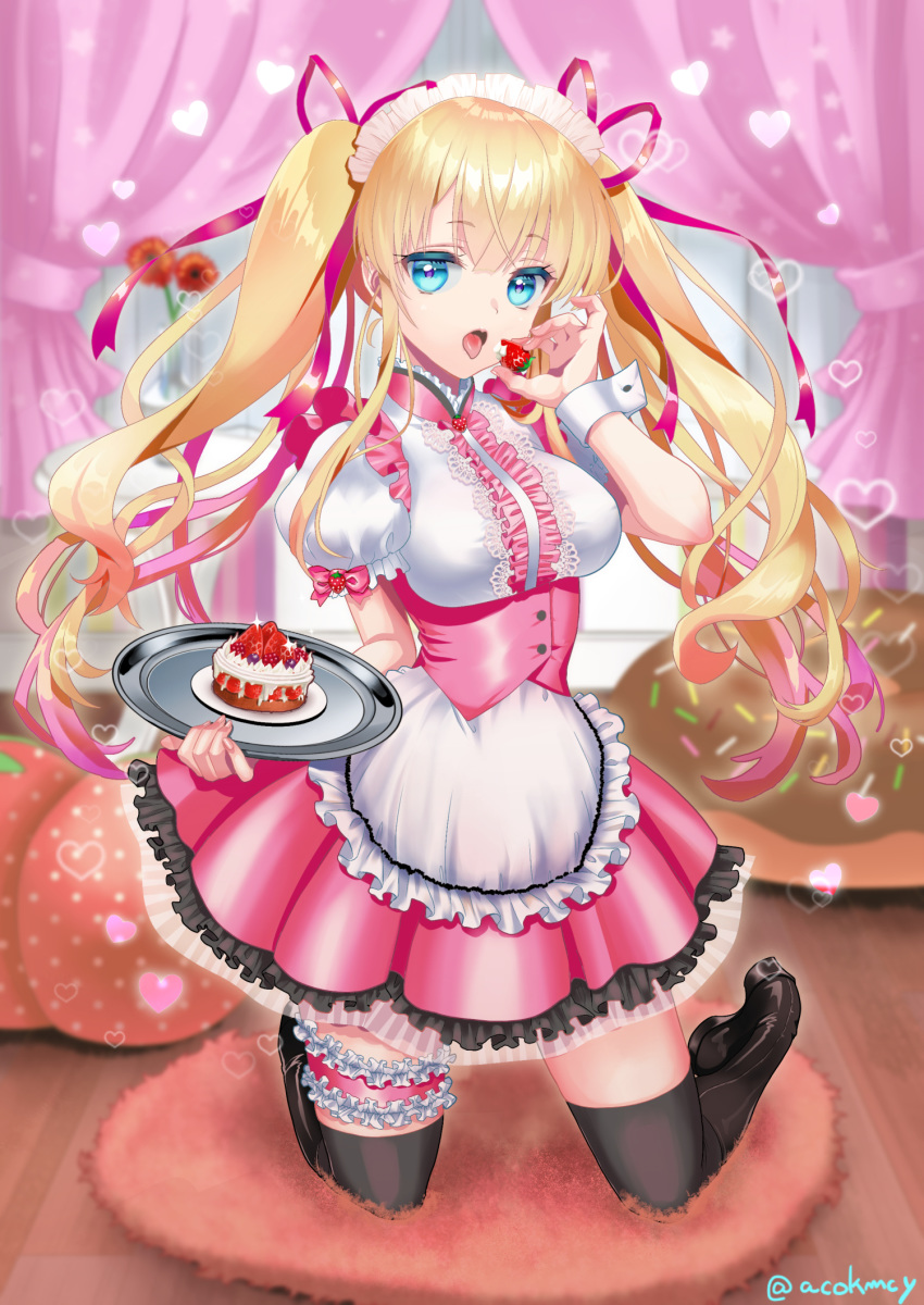 apron bangs bed black_footwear black_legwear blonde_hair blue_eyes blurry blurry_background boots breasts cake canopy_bed center_frills commentary_request cream depth_of_field eyebrows_visible_through_hair flower food frilled_apron frilled_skirt frills fruit hair_between_eyes hair_ribbon heart highres holding holding_food holding_tray indoors knee_boots kneeling kumehara_chiyota leg_garter long_hair maid maid_headdress medium_breasts open_mouth original pink_ribbon pink_skirt pleated_skirt puffy_short_sleeves puffy_sleeves red_flower ribbon shirt short_sleeves sidelocks skirt solo strawberry striped thighhighs thighhighs_under_boots tongue tongue_out tray twintails twitter_username underbust vase vertical_stripes very_long_hair waist_apron white_apron white_shirt wooden_floor