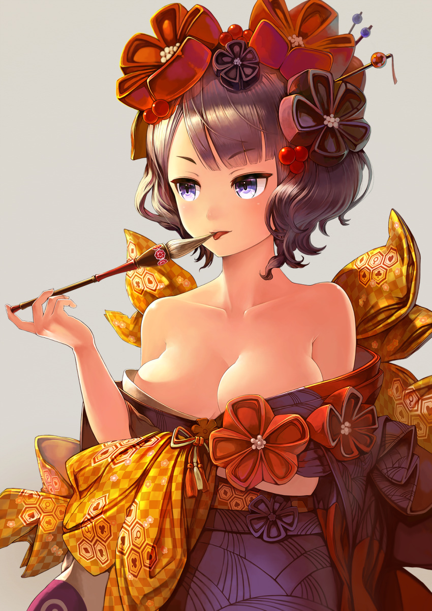bangs bare_shoulders blush bow breasts calligraphy_brush checkered checkered_bow cleavage collarbone commentary_request eyebrows_visible_through_hair fate/grand_order fate_(series) fingernails grey_background hair_ornament hand_up highres holding holding_paintbrush japanese_clothes katsushika_hokusai_(fate/grand_order) kimono looking_away looking_to_the_side medium_breasts obi off_shoulder paintbrush purple_eyes purple_hair purple_kimono revision sash short_hair simple_background solo tongue tongue_out v-shaped_eyebrows yellow_bow yoka1chi