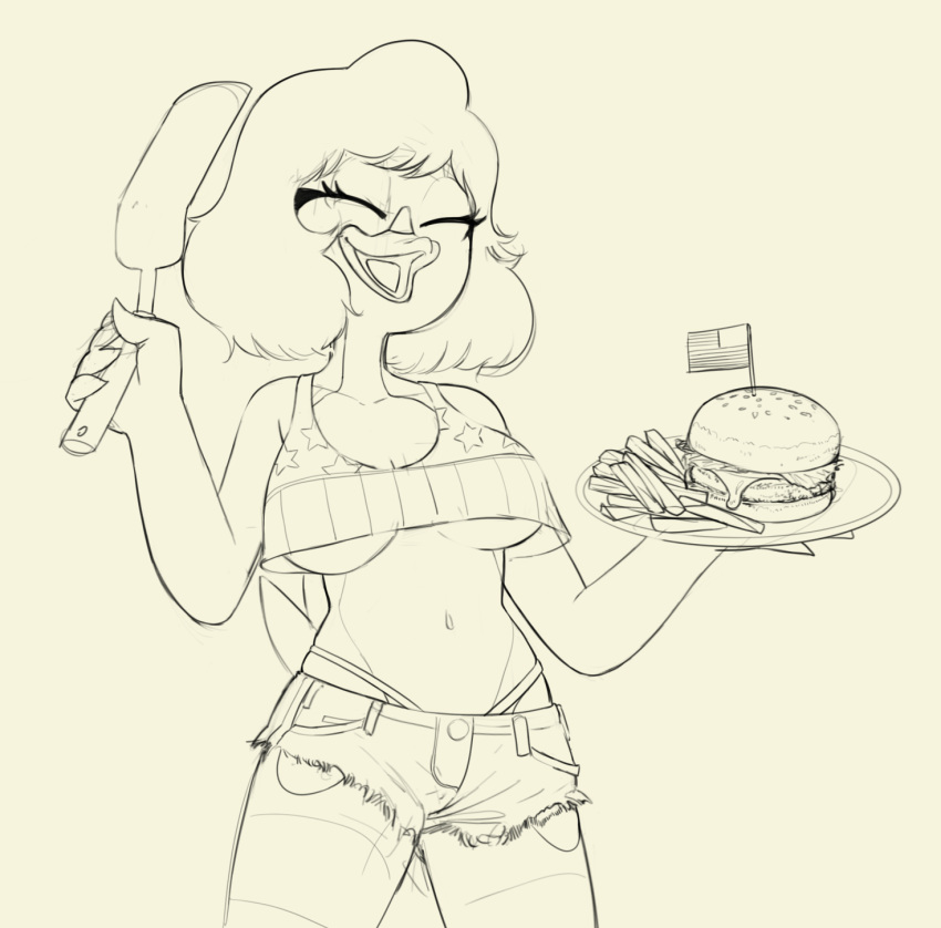 2018 4th_of_july 5_fingers anthro avian bird breasts burger cartoon_network cleavage clothed clothing digital_media_(artwork) drockdraw eyes_closed female food food_tray fries hair mature_female midriff monochrome mordecai's_mom non-mammal_breasts open_mouth regular_show short_hair shorts sketch skimpy smile solo standing thong under_boob