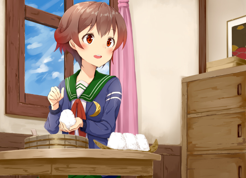 ame. blue_jacket blue_sky brown_hair cloud commentary_request crescent crescent_moon_pin curtains drawer food gradient_hair green_sailor_collar jacket kantai_collection looking_to_the_side multicolored_hair mutsuki_(kantai_collection) neckerchief ohitsu onigiri red_hair red_neckwear remodel_(kantai_collection) rice sailor_collar school_uniform serafuku short_hair sky solo table upper_body window