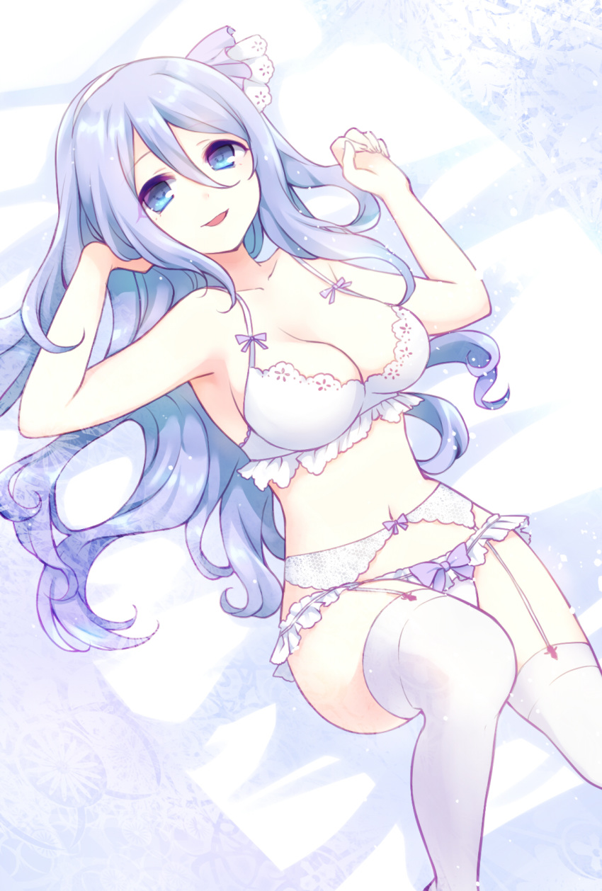 1girl :d bangs bare_arms bare_shoulders blue_eyes blue_hair bow bow_panties bra breasts character_request cleavage collarbone commentary_request dutch_angle eyebrows_visible_through_hair feet_out_of_frame fingernails garter_belt gucchiann hair_between_eyes hair_ribbon hands_up highres long_hair looking_at_viewer lying medium_breasts on_back open_mouth panties princess_connect! purple_ribbon ribbon smile solo thighhighs underwear underwear_only very_long_hair white_bra white_legwear white_panties white_ribbon