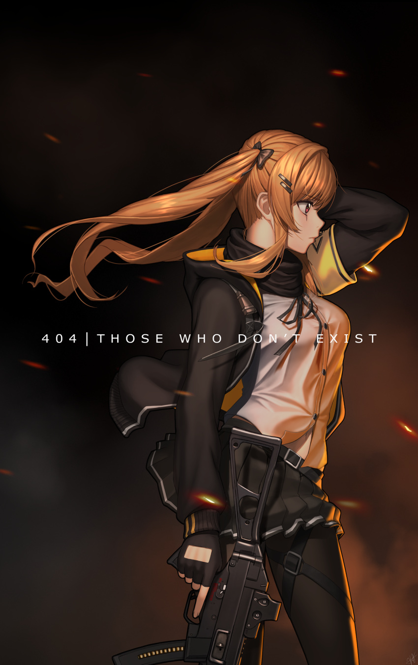 ahd armband bangs black_gloves black_jacket black_scarf blush breasts brown_eyes brown_hair closed_mouth commentary_request eyebrows_visible_through_hair fingerless_gloves floating_hair from_side girls_frontline gloves gun h&amp;k_ump h&amp;k_ump9 hair_ornament hairclip hand_in_hair heckler_&amp;_koch highres holding holding_gun holding_weapon hood hood_down hooded_jacket jacket long_hair looking_afar medium_breasts neck_ribbon pantyhose pleated_skirt revision ribbon scarf shirt signature skirt solo submachine_gun text_focus thigh_strap trigger_discipline twintails ump9_(girls_frontline) weapon white_shirt wind wind_lift