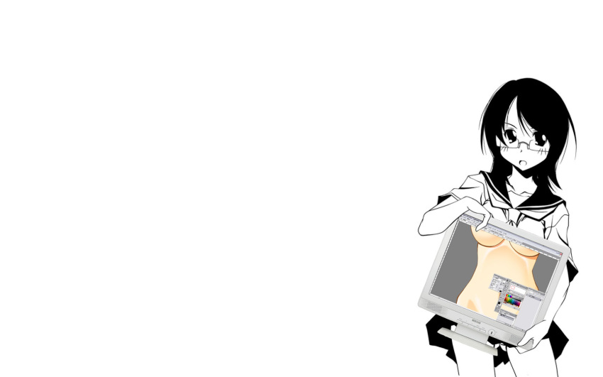 1girl artist_request black_hair fujoshi_harumi glasses holding_object monitor open_mouth partially_nude sayonara_zetsubou_sensei spot_color