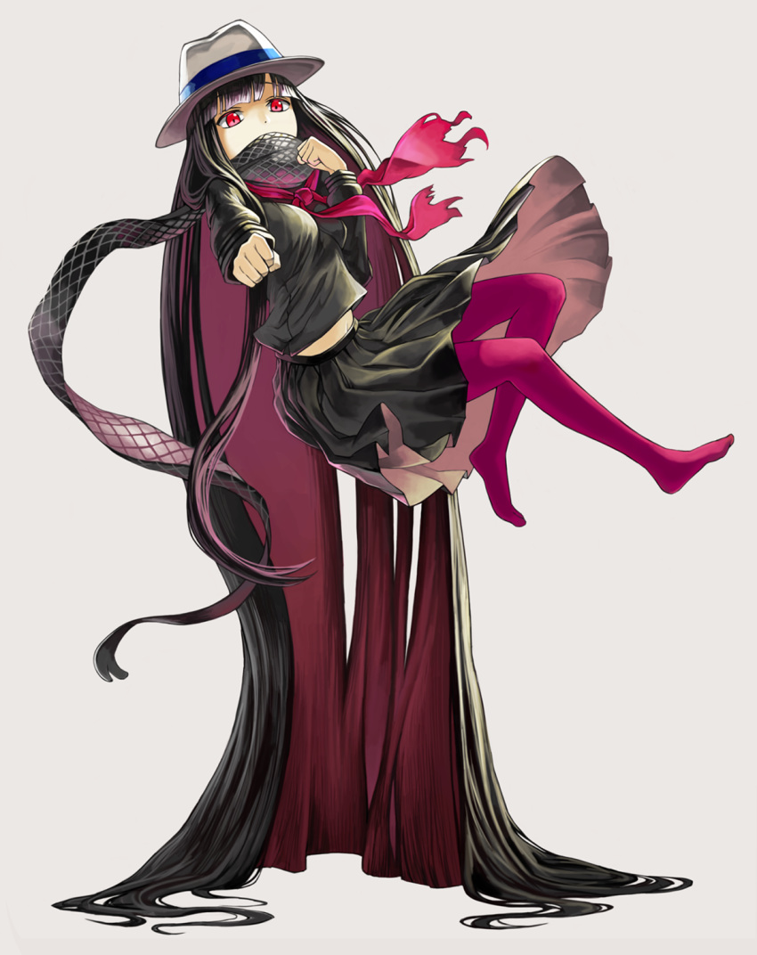 absurdly_long_hair bangs black_hair black_scarf black_serafuku black_shirt black_skirt borrowed_garments breasts brown_background commentary_request covered_mouth eyebrows_visible_through_hair fate/grand_order fate_(series) floating hat highres long_hair long_sleeves looking_at_viewer medium_breasts multicolored_hair neckerchief no_shoes oryou_(fate) outstretched_arm pantyhose pleated_skirt red_eyes red_hair red_legwear red_neckwear scarf school_uniform serafuku shirt simple_background skirt solo torn_neckerchief two-tone_hair very_long_hair white_hat yoka1chi