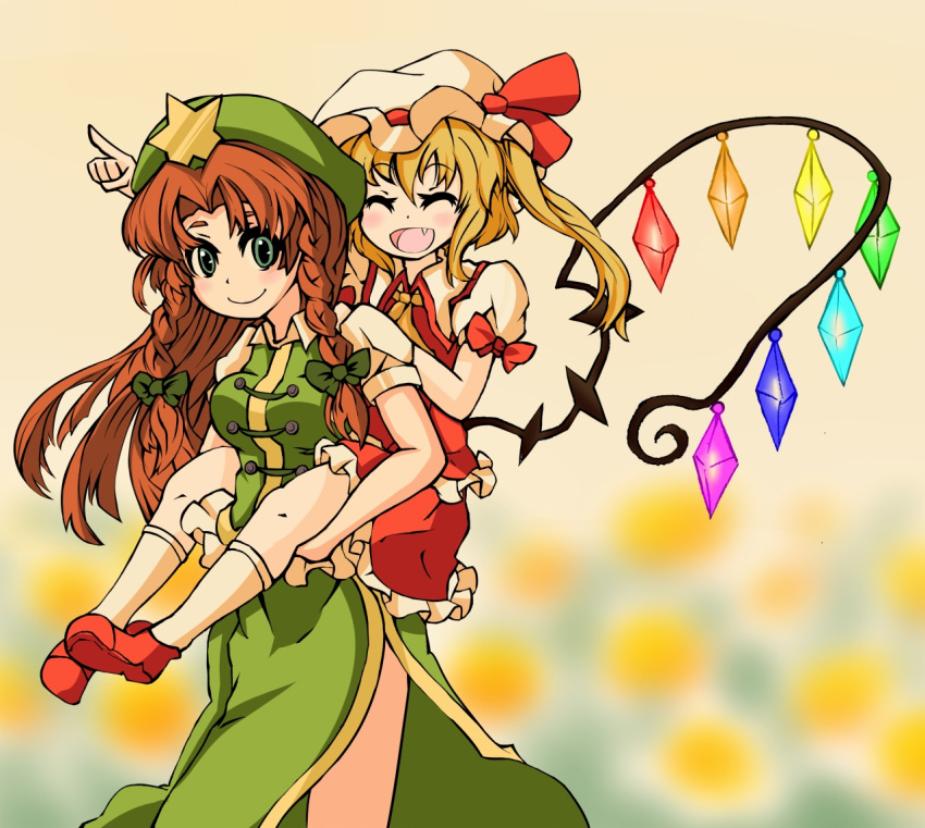 :d ^_^ ascot beret blonde_hair blue_eyes blurry blush bow braid carrying china_dress chinese_clothes closed_eyes commentary_request cowboy_shot depth_of_field dress fang flandre_scarlet flower frills full_body hair_ribbon happy hat hat_bow hong_meiling kneehighs long_hair looking_at_viewer low_wings mob_cap multiple_girls open_mouth piggyback pointing puffy_short_sleeves puffy_sleeves red_hair ribbon ryouryou shoes short_hair short_sleeves side_ponytail side_slit sidelocks skirt skirt_set smile star touhou tress_ribbon twin_braids wings