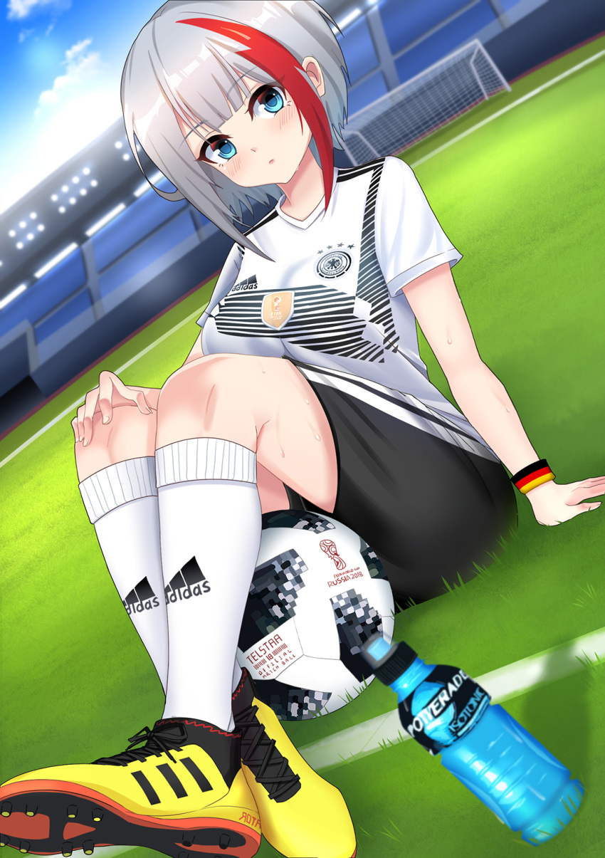 2018 2018_fifa_world_cup adidas admiral_graf_spee_(azur_lane) arm_support armband azur_lane ball bangs black_shorts blue_eyes blue_sky blush bottle breasts check_commentary closed_mouth cloud commentary_request day dutch_angle eyebrows_visible_through_hair fingernails german german_flag germany goal grass hand_on_own_knee highres kneehighs large_breasts leng_xiao looking_at_viewer mosaic multicolored_hair on_grass outdoors partial_commentary print_shirt red_hair shirt shoes short_hair short_shorts short_sleeves shorts silver_hair sitting sky sneakers soccer soccer_ball soccer_field soccer_uniform solo sportswear stadium streaked_hair sweat sweatband telstar_18 thighs translated water_bottle white_legwear white_shirt world_cup yellow_footwear