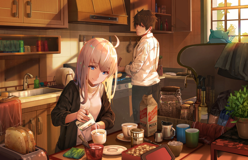 1girl ahoge blue_eyes bread breasts brown_eyes brown_hair coffee coffee_mug commentary cookie cowboy_shot cup cutlery english_commentary food from_behind grey_hair highres indoors kitchen long_hair long_sleeves looking_at_another looking_back looking_down milk morning mug nekojira original pancake pants plant revision shadow shiny shiny_hair shirt short_hair smile standing sugar_cube toaster turtleneck white_hair white_shirt window