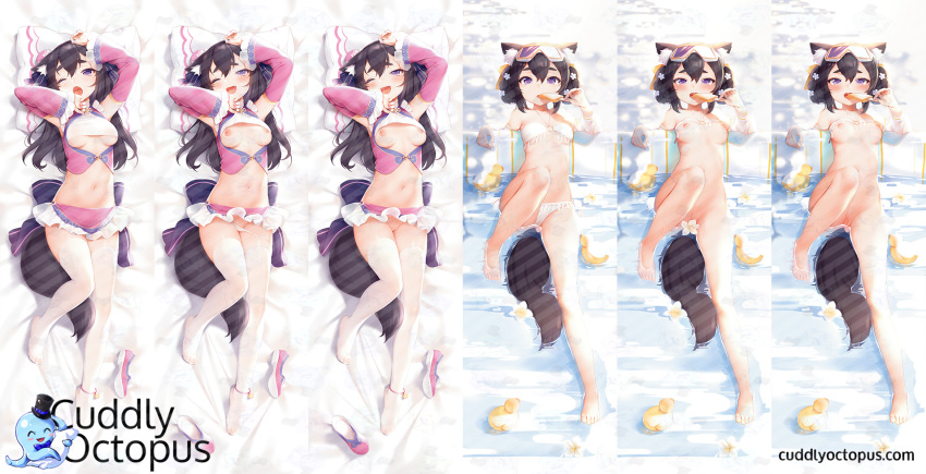 ;d ;o ankle_bell barefoot bell bikini black_hair blush bottomless breasts commentary_request cuddly_octopus dakimakura detached_sleeves diving_mask_on_head fang flower food frilled_sleeves frills highres jingle_bell kyuri_tizu lifted_by_self long_hair looking_at_viewer medium_breasts multiple_views navel nipples o-ring o-ring_top one_eye_closed open_mouth original panties panty_pull popsicle purple_eyes pussy rubber_duck shoes_removed smile stomach swimsuit tail thighhighs underwear watermark web_address white_bikini white_legwear white_panties