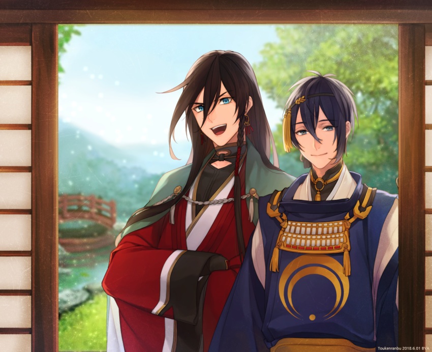 black_hair blue_eyes blue_hair byakuya0315 izumi-no-kami_kanesada japanese_clothes long_hair male_focus mikazuki_munechika multiple_boys open_mouth touken_ranbu wide_sleeves