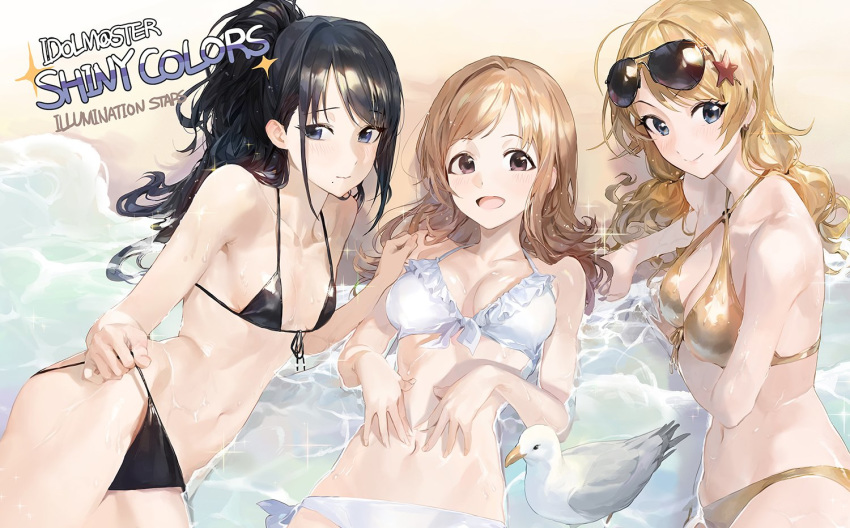 :d aviator_sunglasses bangs bare_shoulders beach bikini bird black_bikini black_hair blonde_hair blue_eyes breasts brown_eyes cleavage closed_mouth collarbone commentary english_commentary eyewear_on_head girl_sandwich hachimiya_meguru hair_ornament hairclip hands_on_own_stomach hips idolmaster idolmaster_shiny_colors kazano_hiori large_breasts light_brown_hair long_hair looking_at_viewer low_twintails lying medium_breasts mole mole_under_mouth mossi multiple_girls navel on_back on_side open_mouth ponytail sakuragi_mano sandwiched seagull small_breasts smile star star_hair_ornament sunglasses swept_bangs swimsuit twintails white_bikini yellow_bikini