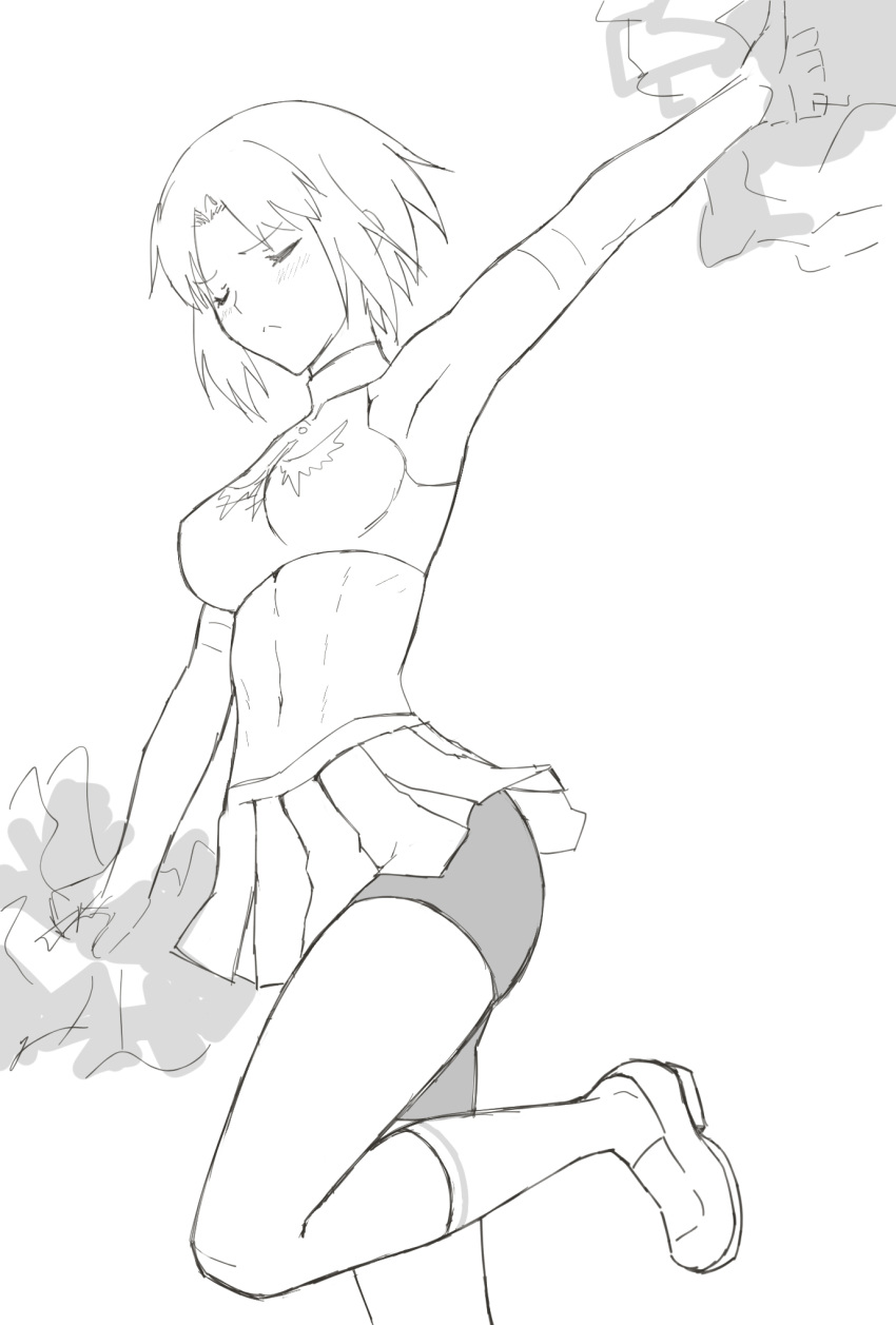 arm_up armpits axia-chan bike_shorts blush breasts cheerleader ciel closed_eyes commentary elbow_gloves english_commentary frown gloves greyscale halter_top halterneck highres kneehighs loafers medium_breasts microskirt midriff monochrome navel pleated_skirt pom_poms shoes short_hair skirt sleeveless solo tsukihime type-moon