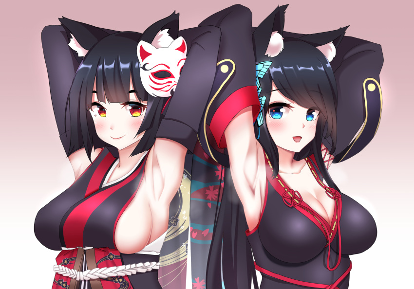 :d animal_ears armpits arms_up azur_lane bangs black_dress black_kimono blue_eyes blunt_bangs blush breasts brown_background butterfly_hair_ornament cat_ears cat_mask cleavage closed_mouth commentary_request detached_sleeves dress eyebrows_visible_through_hair fusou_(azur_lane) gradient gradient_background hair_ornament highres japanese_clothes kimono large_breasts leng_xiao long_sleeves looking_at_viewer mask mask_on_head multiple_girls open_mouth red_eyes sideboob sleeveless sleeveless_kimono smile upper_body white_background yamashiro_(azur_lane)