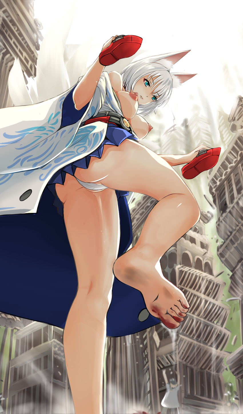 animal_ear_fluff animal_ears ass azur_lane bare_shoulders barefoot blood blood_stain blue_eyes blue_kimono breasts breasts_outside city closed_mouth commission crushing destruction dirty_feet feet fox_ears fox_tail from_below giantess highres holding_footwear japanese_clothes kaga_(azur_lane) kimono large_breasts lips looking_at_another looking_down multiple_tails nipples no_shoes nonoririn off_shoulder panties pantyshot pantyshot_(standing) pov_feet sandals sarashi shoe_soles short_hair silver_hair size_difference soles solo_focus standing stomping tail toes underwear violence white_panties