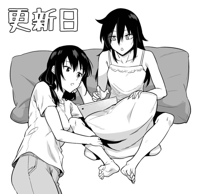 barefoot casual collarbone commentary dress greyscale hand_on_another's_leg hand_on_own_cheek kuroki_tomoko long_hair lying monochrome multiple_girls on_side orikuchi_hirata pillow release_date shirt sitting sundress t-shirt tablet_pc tamura_yuri watashi_ga_motenai_no_wa_dou_kangaetemo_omaera_ga_warui!