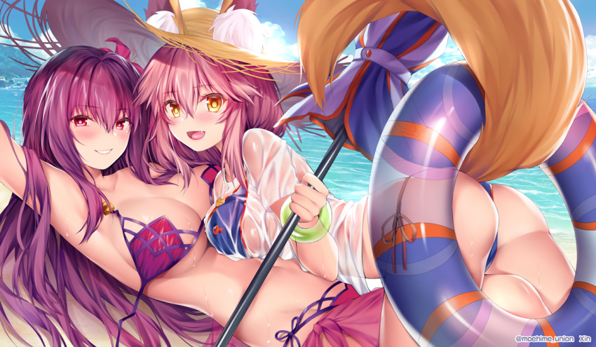 animal_ear_fluff animal_ears ass bangs bare_shoulders beach beach_umbrella bikini blue_bikini blush bracelet breasts collarbone commentary_request ears_through_headwear eyebrows_visible_through_hair fang fate/extra fate/grand_order fate_(series) flower fox_ears fox_tail grin hair_between_eyes hat hibiscus hips innertube jewelry large_breasts long_hair looking_at_viewer md5_mismatch multiple_girls navel obiwan ocean open_mouth pink_bikini pink_hair purple_hair red_eyes sarong scathach_(fate)_(all) scathach_(swimsuit_assassin)_(fate) shirt sidelocks smile straw_hat sun_hat swimsuit tail tamamo_(fate)_(all) tamamo_no_mae_(swimsuit_lancer)_(fate) thighs umbrella wet wet_clothes wet_shirt wet_t-shirt yellow_eyes