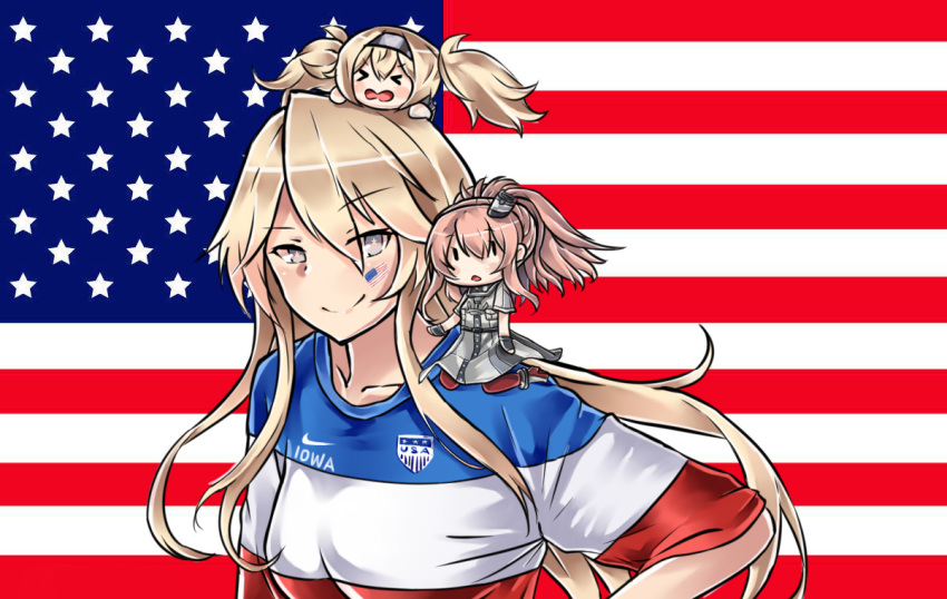 alternate_costume america american_flag blonde_hair blue_eyes character_name chibi chibi_on_head facepaint flag_background gambier_bay_(kantai_collection) iowa_(kantai_collection) kantai_collection kuroinu9 minigirl multicolored_shirt multiple_girls nike on_head person_on_head saratoga_(kantai_collection) shirt soccer soccer_uniform sportswear star star-shaped_pupils striped striped_shirt symbol-shaped_pupils world_cup