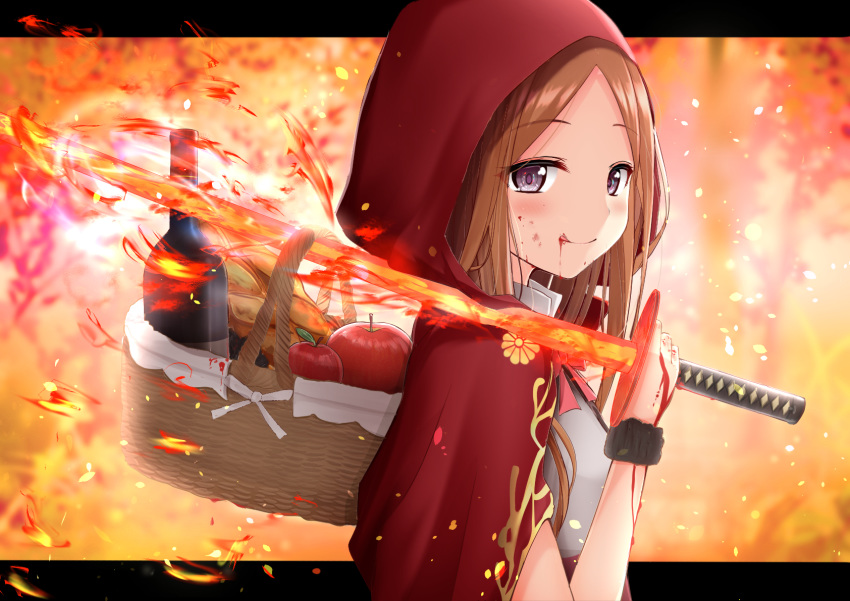 :q apple bangs basket blood blood_from_mouth bottle bread capelet chacha_(fate/grand_order) closed_mouth commentary eyebrows_visible_through_hair fate/grand_order fate_(series) fire flaming_sword food forehead fruit hand_up highres holding holding_sword holding_weapon hood hood_up hooded_capelet japanese_clothes karu_(qqqtyann) katana kimono letterboxed licking_lips light_brown_hair little_red_riding_hood long_hair parted_bangs red_apple red_capelet smile solo sword tongue tongue_out weapon white_kimono wine_bottle