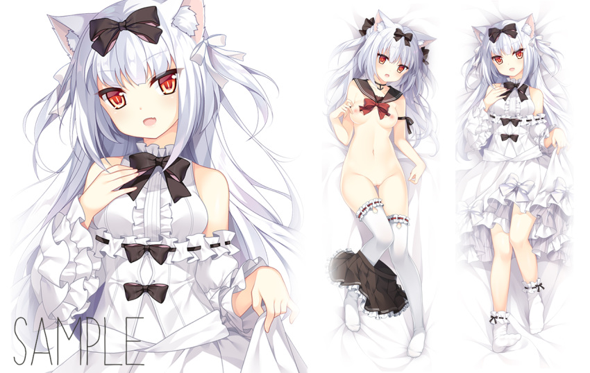 :d animal_ears azur_lane bare_shoulders bed_sheet black_bow black_choker black_sailor_collar black_skirt blush bow breasts cat_ears chinese_commentary choker collarbone commentary_request dakimakura dress fang frilled_legwear frilled_skirt frills groin hair_bow hand_on_own_chest hand_up head_tilt long_hair long_sleeves looking_at_viewer lying medium_breasts multiple_views navel nipples no_shoes nude off-shoulder_dress off_shoulder on_back open_mouth partial_commentary pleated_skirt pussy red_eyes sailor_collar silver_hair skirt skirt_around_one_leg skirt_hold smile socks thighhighs two_side_up verjuice white_bow white_dress white_legwear wide_sleeves yukikaze_(azur_lane)