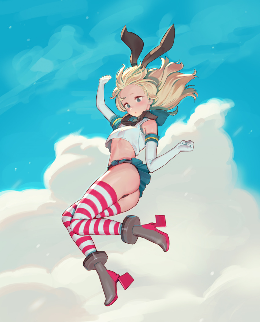 arm_up ass black_panties blonde_hair blue_eyes blue_sky boots breasts cloud cloudy_sky commentary crop_top crop_top_overhang day elbow_gloves english_commentary full_body gloves hair_ribbon high_heel_boots high_heels highres kantai_collection long_hair microskirt midair midriff panties pleated_skirt ribbon sailor_collar sailor_shirt shimakaze_(kantai_collection) shirt skirt sky small_breasts solo striped striped_legwear thighhighs tim_loechner underboob underwear white_gloves