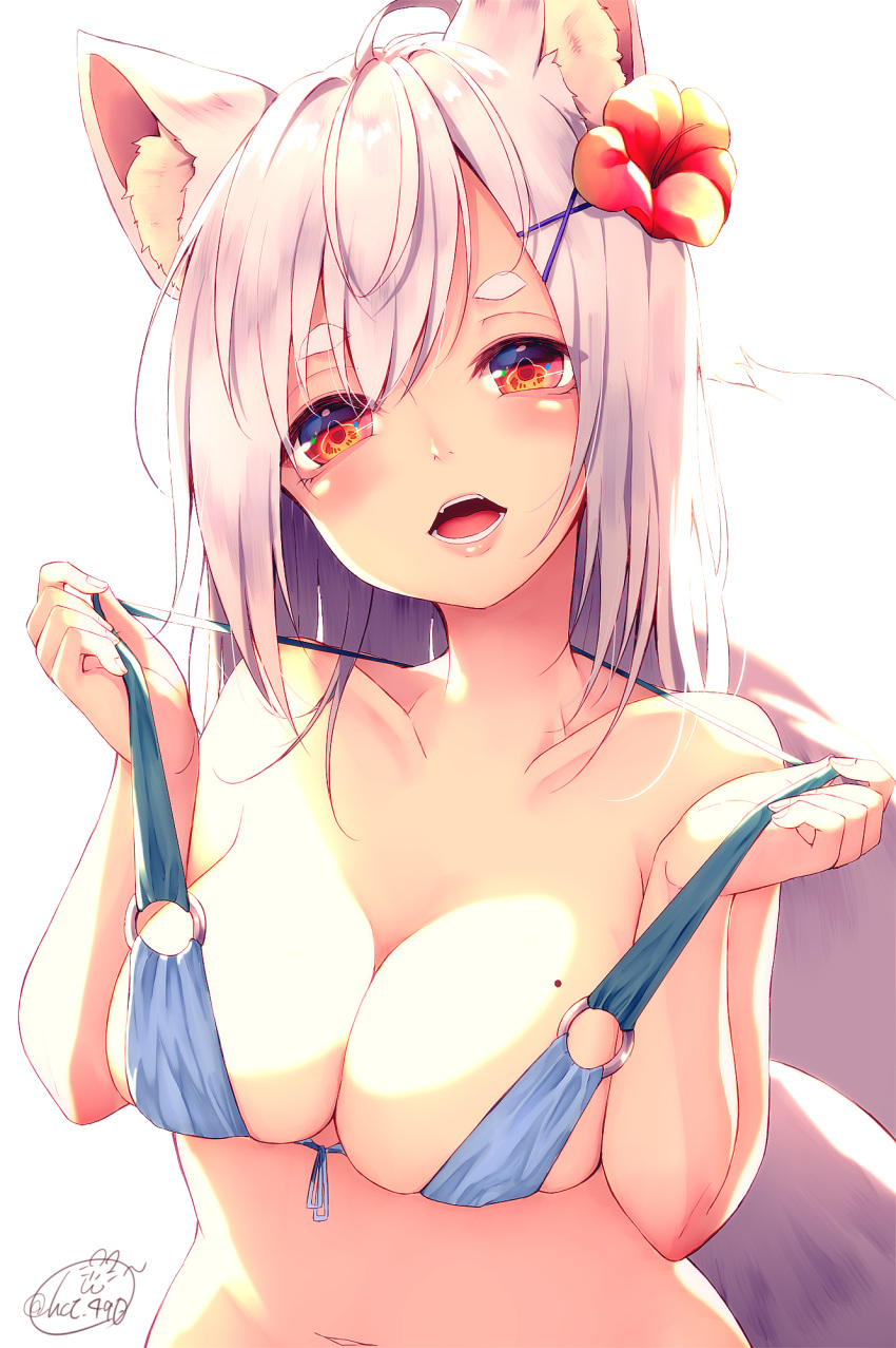 animal_ear_fluff animal_ears bangs bikini blue_bikini blush breasts chita_(ketchup) collarbone flower fox_ears fox_girl fox_tail front-tie_bikini front-tie_top grey_hair hair_flower hair_ornament hands_up head_tilt highres large_breasts lifted_by_self looking_at_viewer mole mole_on_breast navel o-ring o-ring_top open_mouth original red_eyes red_flower signature simple_background skindentation solo strap_lift swimsuit tail thick_eyebrows upper_body white_background x_hair_ornament