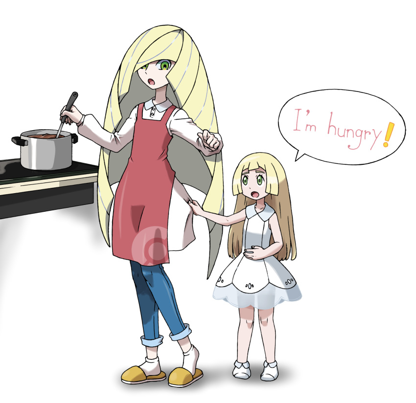 2girls alternate_costume apron arm_up arms_up blonde_hair blue_pants child cooking dress english_text eye_contact female flat_chest full_body green_eyes hair_over_one_eye highres holding jeans ladle lillie_(pokemon) long_hair long_sleeves looking_down looking_up lusamine_(pokemon) mother_and_daughter multiple_girls open_mouth pants pokemon pokemon_(game) pokemon_sm pot red_apron see-through shiny shiny_hay shirt simple_background sleeveless sleeveless_dress slippers socks speech_bubble standing stove talking teru_zeta text_focus very_long_hair white_background white_dress white_legwear white_shirt yellow_footwear younger
