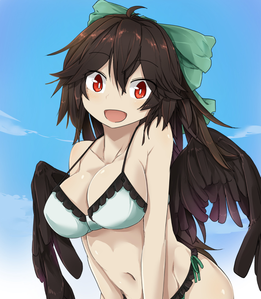 :d bad_id bad_twitter_id bare_arms bare_shoulders bikini bikini_day black_wings blue_sky breasts brown_hair cleavage cloud collarbone commentary_request day eyebrows_visible_through_hair feathered_wings green_bikini groin hair_between_eyes head_tilt highres large_breasts long_hair looking_at_viewer navel open_mouth outdoors red_eyes reiuji_utsuho sky smile solo stomach swimsuit touhou tyouseki upper_body white_pupils wings