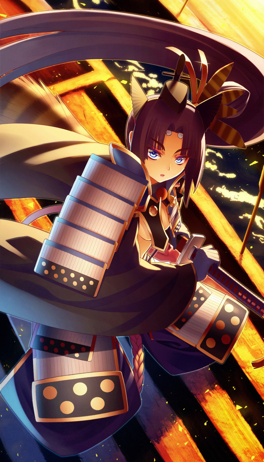 armor arrow baggy_pants bangs battoujutsu_stance black_hair black_hat black_pants blue_eyes blue_gloves breasts eyebrows_visible_through_hair eyeliner fate/grand_order fate_(series) fighting_stance floating_hair from_above gloves hair_ornament hat high_collar highres japanese_armor kaina_(tsubasakuronikuru) katana kusazuri legs_apart long_hair long_sleeves looking_at_viewer makeup outdoors pants parted_bangs parted_lips planted_arrow scabbard sheath shoulder_armor side_ponytail small_breasts sode solo standing sword tsurime underboob ushiwakamaru_(fate/grand_order) very_long_hair water weapon