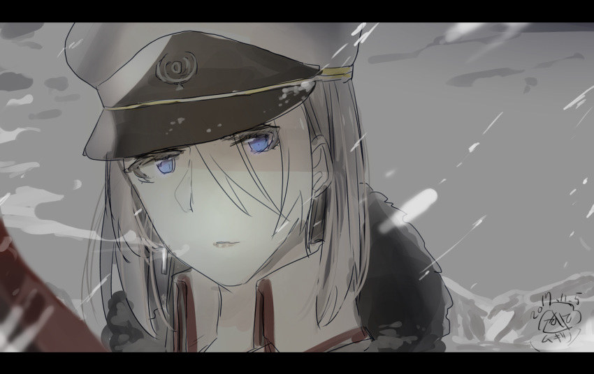 azur_lane blue_eyes breath coat cold commentary_request dated eyebrows_visible_through_hair fur_trim hair_between_eyes hat jewelry letterboxed long_hair looking_at_viewer mugino_kouji peaked_cap short_hair silver_hair single_earring snow solo tirpitz_(azur_lane) winter_clothes winter_coat