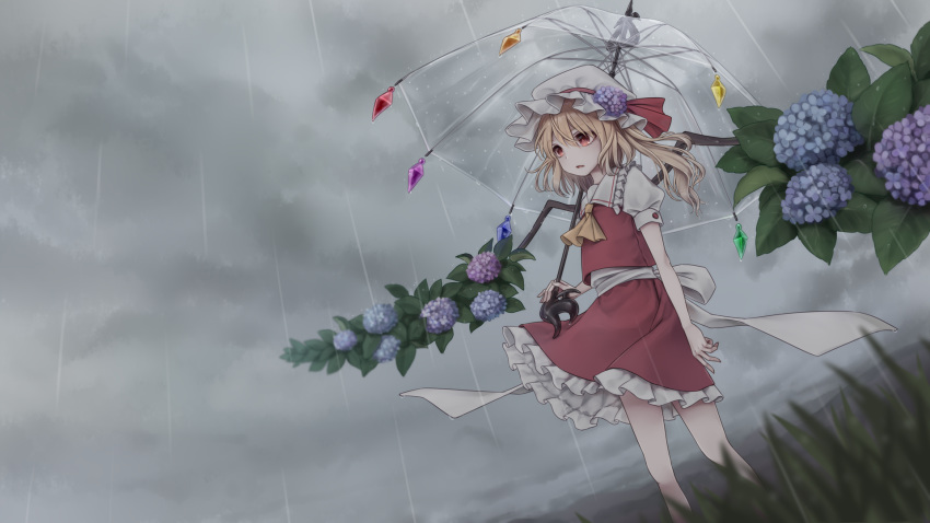 alternate_wings ascot blonde_hair blue_flower cloud cloudy_sky commentary_request crystal dtvisu dutch_angle eyebrows_visible_through_hair flandre_scarlet flower frilled_shirt_collar frills grass grey_sky hair_between_eyes hat hat_ribbon highres holding holding_umbrella hydrangea mob_cap one_side_up parted_lips petticoat puffy_short_sleeves puffy_sleeves purple_flower rain red_eyes red_ribbon red_skirt red_vest ribbon short_hair short_sleeves skirt sky solo standing touhou transparent transparent_umbrella umbrella vest white_hat wings yellow_neckwear
