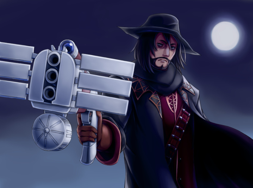 bandolier black_hair black_hat black_jacket black_scarf bow_(weapon) brown_gloves cozyluk crossbow facial_hair full_moon gloves goatee gradient_sky grey_eyes grey_sky hat holding holding_weapon jacket looking_at_viewer male_focus moon mustache night night_sky scarf sennen_sensou_aigis shell_casing sky solo standing vincent_(sennen_sensou_aigis) weapon