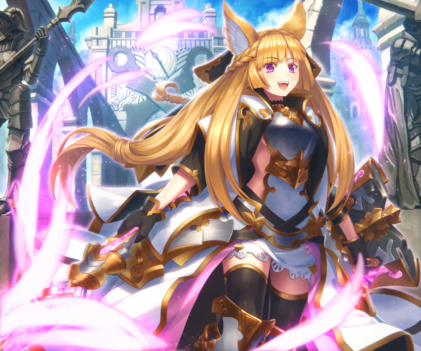 :d bangs black_choker black_gloves black_legwear blonde_hair blue_sky blurry braid breastplate breasts building choker coat day depth_of_field erune eyebrows_visible_through_hair faulds floating_hair french_braid gloves glowing glowing_sword glowing_weapon granblue_fantasy greaves hair_ornament high_collar highres holding holding_shield holding_sword holding_weapon kaina_(tsubasakuronikuru) long_hair looking_at_viewer open_clothes open_coat open_mouth outdoors pillar purple_eyes shield shiny shiny_hair sideboob sidelocks sky smile solo standing statue sword thighhighs upper_teeth very_long_hair weapon white_coat yuisis_(granblue_fantasy)